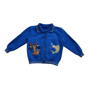 Handmade Cardigan Children’s Sweater Long Sleeves Button Front Knit Blue Size 3